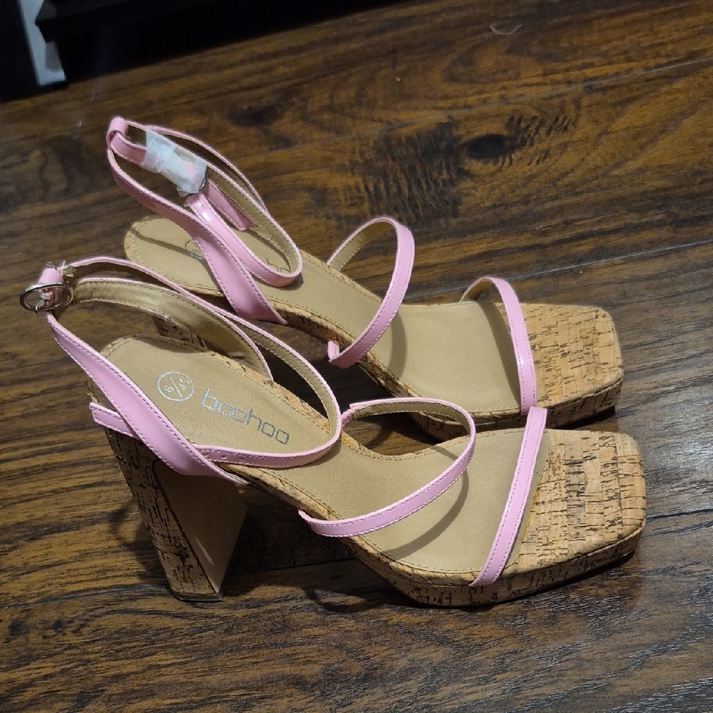 Boohoo Pink Strappy Cork Platform Block Heels